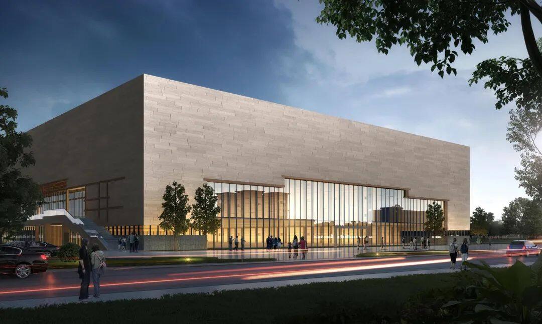 临浦镇体育馆景观照明从空中,街道和行人视角,对体育场馆的灯光效果